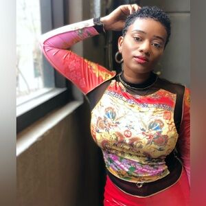 Colorful Patterned Long Sleeve Half Mesh Top